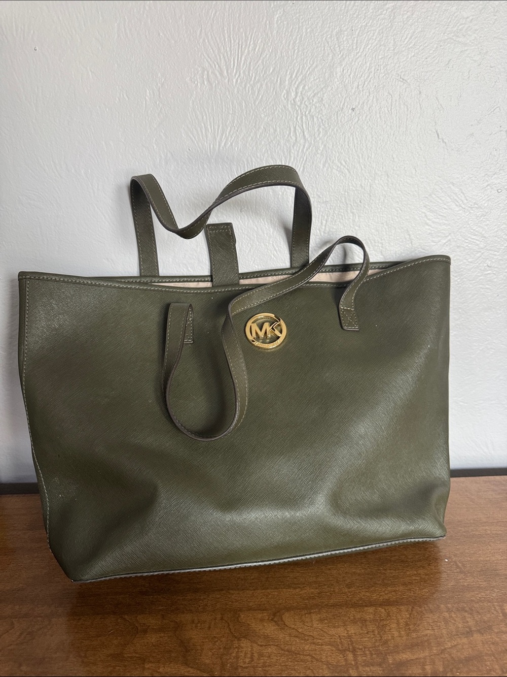 Michael Kors Olive Leather Tote with Gold MK Charm